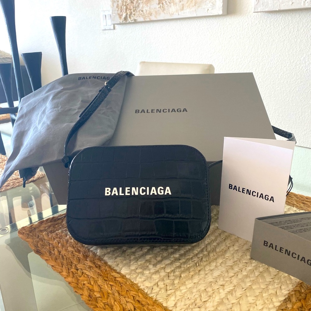 NEW Balenciaga Black Everyday XS Crocodile Skin Embossed Leather Shoulder Bag